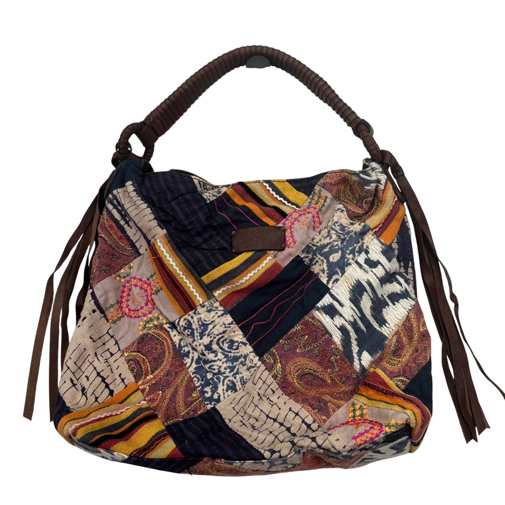 VTG Lucky Brand Mixed Media Patchwork‎ Leather Fringe Shoulder Hobo Purse Y2K